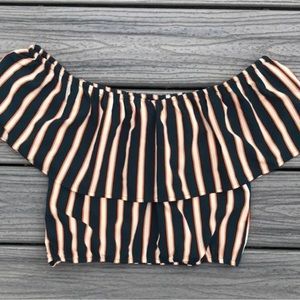 Society Amuse Green Striped Off The Shoulder Cropped Top